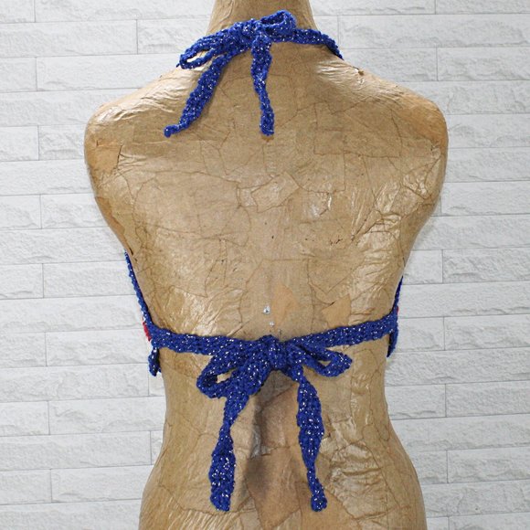 HAND CRAFTED Cropped Top Crochet Bikini Patriotic Metallic Red White Blue - Picture 4 of 9